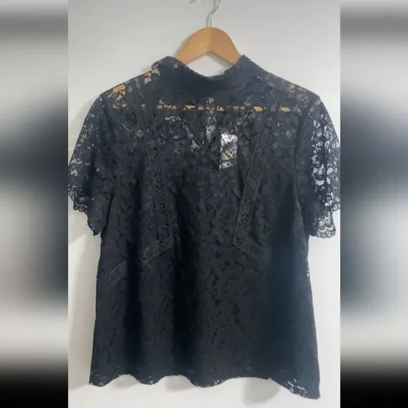 NWT Laundry by Shelli Segal Black Lace Collared Lined Top Women Size M - Picture 2 of 13